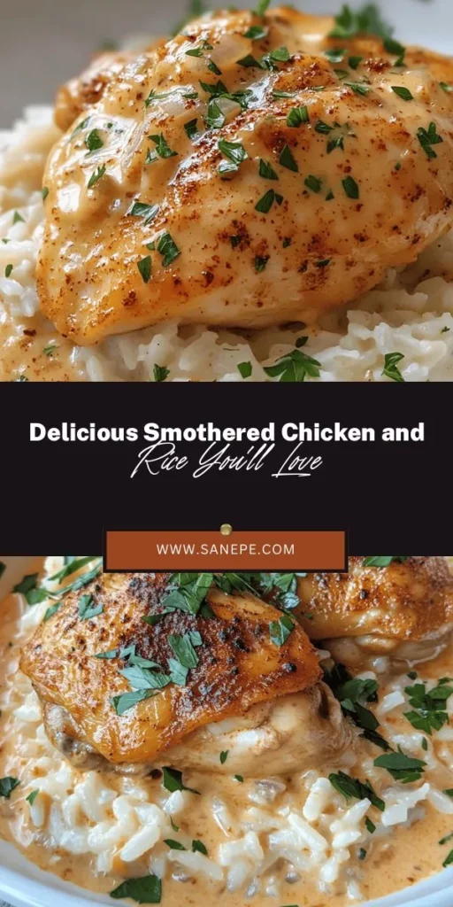 Indulge in the heartwarming flavors of smothered chicken and rice with this simple and satisfying recipe! Perfectly cooked chicken thighs, cream, and aromatic spices come together on a fluffy rice bed. Ideal for family dinners or cozy nights, it's a dish that brings comfort and joy. Customize it to your taste, or enjoy it as is! Get ready to impress with this classic comfort food! #SmotheredChicken #ComfortFood #Homemade #DeliciousDinners #FamilyRecipes #CookingAtHome