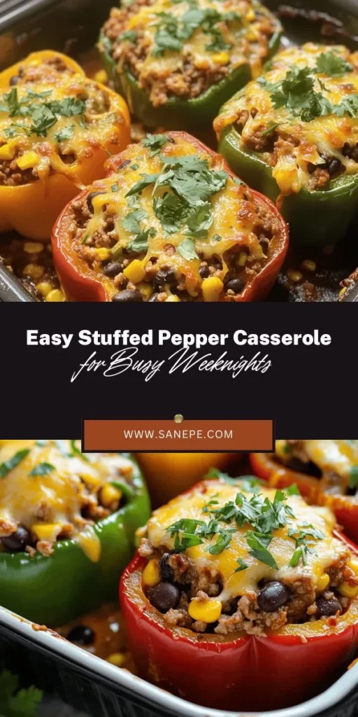 Discover the perfect weeknight meal with our Stuffed Pepper Casserole Delight! This one-dish wonder combines the rich flavors of bell peppers, lean proteins, and whole grains for a nutritious and satisfying dinner. Bursting with spices and packed with healthy ingredients, it's ideal for families and meal prep. Easy to make and delicious, this casserole is sure to please everyone at the table. Try it today! #StuffedPeppers #CasseroleRecipe #HealthyEating #ComfortFood #MealPrepIdeas #NutritiousMeals #FamilyDinner