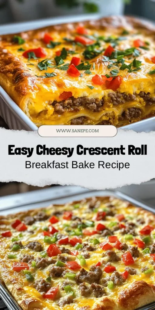 Start your day right with a Cheesy Crescent Roll Breakfast Bake that combines flaky crescent dough, savory sausage, and melty cheddar cheese. This easy-to-make dish is perfect for busy mornings or family brunches, allowing for endless customization. With a delicious blend of protein, veggies, and cheese, it satisfies everyone at the table. Discover how to create this hearty breakfast that will have you excited to wake up! #BreakfastIdeas #CheesyCrescentRollBake #BrunchRecipes #EasyRecipes #ComfortFood