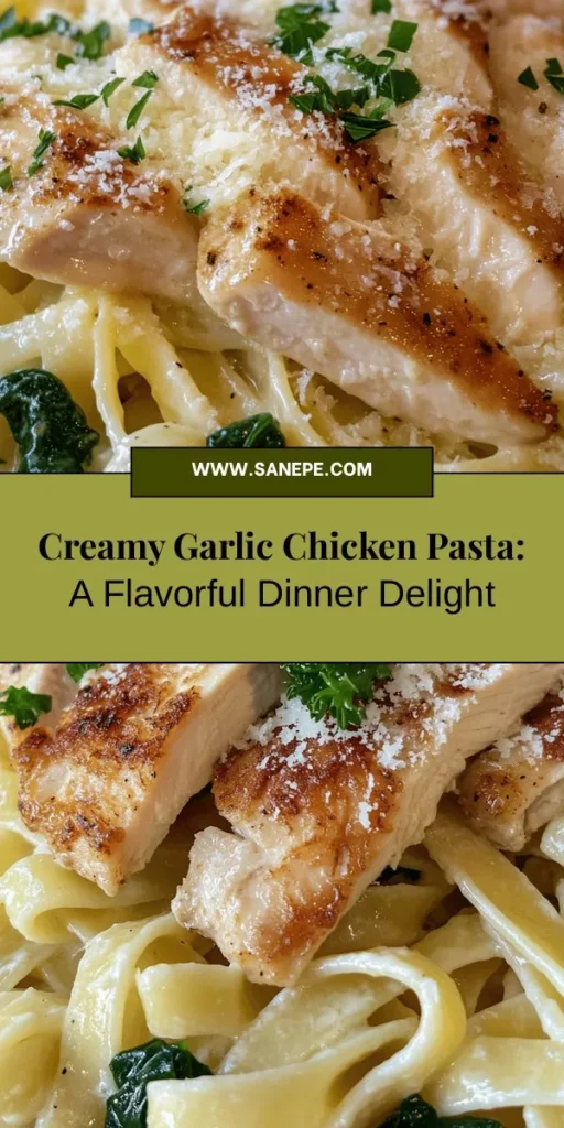 Treat your taste buds to the ultimate comfort food with this Creamy Garlic Chicken Pasta recipe! Indulge in the rich flavor of garlic combined with tender chicken and vibrant spinach, all wrapped in a luscious cream sauce. Perfect for any occasion, this dish is easy to prepare, making it a hit for both novice and experienced cooks. Gather your ingredients and get ready for a meal that’s sure to impress! #PastaRecipes #ComfortFood #GarlicChicken #Foodie #DinnerIdeas #Yummy