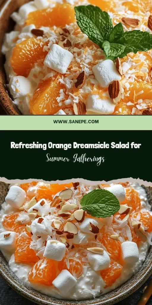 Elevate your gatherings with this Delicious Orange Dreamsicle Salad! Bursting with zesty navel oranges, creamy Greek yogurt, and playful mini marshmallows, this refreshing dish is perfect for warm days. It's not just a salad; it's a light and vibrant celebration of flavors! Easy to prepare and packed with health benefits, it's guilt-free and customizable to fit any diet. Enjoy it as a side or a light dessert! #FruitSalad #HealthyDessert #SummerTreat #OrangeSalad #FreshFlavors