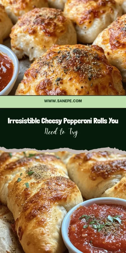 Satisfy your snack cravings with these Cheesy Pepperoni Rolls! This easy recipe combines gooey mozzarella, flavorful pepperoni, and soft pizza dough to create irresistible rolls perfect for any occasion. Great as appetizers or game day snacks, these rolls are fun to make and even better to share. Pair with marinara for the ultimate dipping experience. Try it today! #CheesyPepperoniRolls #SnackIdeas #EasyRecipes #PartyFood #ComfortFood #Foodie #Appetizers #Yummy