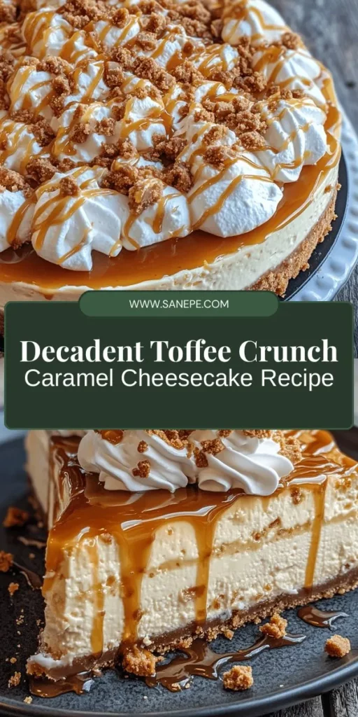 Discover the ultimate indulgence with Toffee Crunch Caramel Cheesecake! This decadent dessert features a creamy cheesecake layered with crunchy toffee bits, all atop a buttery graham cracker crust. Perfect for special occasions or a sweet treat at home, this cheesecake is sure to impress with its rich flavors and stunning presentation. Follow our step-by-step guide to create your own showstopper! #Cheesecake #Desserts #ToffeeCrunch #BakingLove #SweetTreats #CaramelDelight