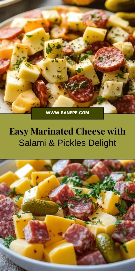 Elevate your next gathering with this Easy Marinated Cheese Appetizer featuring savory salami and crunchy pickles. This dish requires minimal effort while offering a burst of flavors, making it perfect for parties, picnics, or family nights. Customize your cheese, choose your favorite salami, and enjoy the tangy zing of pickles, all brought together by a simple marinade. Impress your guests and create memorable bites! #AppetizerRecipes #CheeseLovers #PartySnacks #EasyRecipes #FoodieFun #EntertainingIdeas