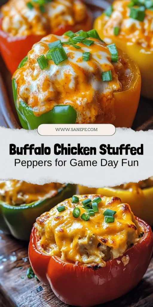 Looking for a delicious game day dish? Try these Buffalo Chicken Stuffed Peppers! Packed with flavorful rotisserie chicken, spicy Buffalo sauce, and creamy cheese, they're a perfect blend of indulgence and nutrition. Easy to make and great for sharing, these colorful peppers will impress at any gathering. Customize the spice level and enjoy a hearty meal that caters to everyone's tastes! #BuffaloChicken #StuffedPeppers #GameDayFood #HealthyEating #MealPrepIdeas