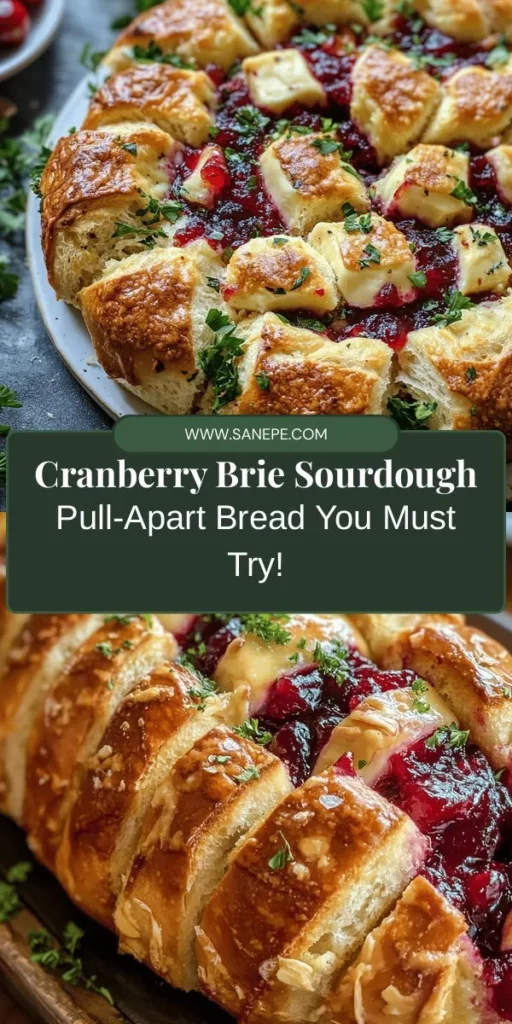 Looking for the perfect crowd-pleaser for your next gathering? This Cranberry Brie Sourdough Pull-Apart Bread recipe combines the tangy sweetness of cranberries with creamy Brie, all nestled in warm, crusty sourdough. Each pull reveals gooey cheese and flavorful filling, making it an impressive centerpiece for any occasion. Perfect for the holidays or casual get-togethers, this bread is sure to impress. Try it out and elevate your entertaining game! #Sourdough #PullApartBread #CranberryBrie #HolidayCooking #BakingJoy #ComfortFood