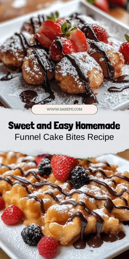 Satisfy your sweet cravings with homemade Funnel Cake Bites! These mini versions of the classic fair treat are crispy, delicious, and perfect for any occasion. Easy to make, you can customize them with your favorite toppings like chocolate sauce or fresh berries. Bring joy to gathering with these fun bites that everyone will love. Dive into this delightful recipe and create sweet memories today! #FunnelCakeBites #SweetTreats #HomemadeDesserts #CarnivalFood #RecipeIdeas