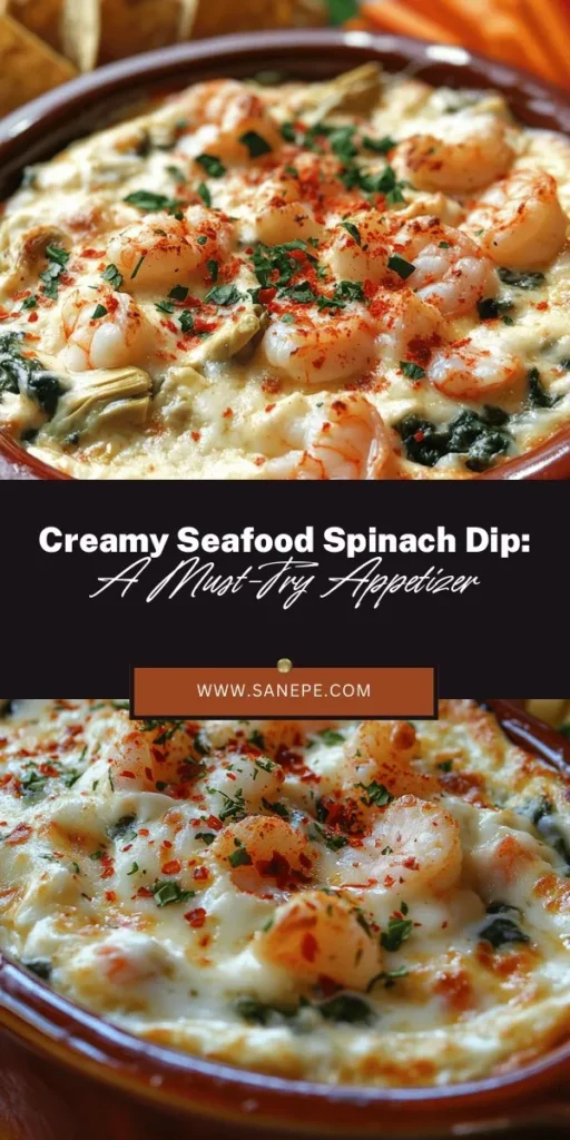 Indulge in the rich, creamy goodness of Creamy Seafood Spinach Dip! This delightful appetizer brings together tender seafood, vibrant spinach, and a luscious creamy base, perfect for any gathering. It's nutritious, satisfying, and pairs well with crusty bread, crackers, or veggies. Elevate your appetizer game and impress your guests with this versatile dip that's as delicious as it is easy to make! #SeafoodDip #SpinachDip #Appetizers #PartyFood #Recipes #HealthyEating #Dips #CookingFun