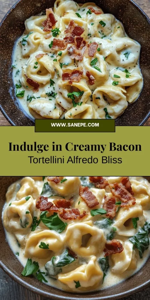 Indulge in the ultimate comfort food with Creamy Bacon Tortellini Alfredo! This rich pasta dish combines tender tortellini with a luscious Alfredo sauce, crispy bacon, and a hint of Italian seasoning for a mouthwatering experience. Perfect for cozy dinners or special occasions, it's easy to make and deliciously satisfying. Serve with a side salad or garlic bread for a complete meal. Perfect for pasta lovers! #CreamyBaconTortellini #ComfortFood #PastaRecipes #AlfredoSauce #EasyDinnerIdeas #Foodie