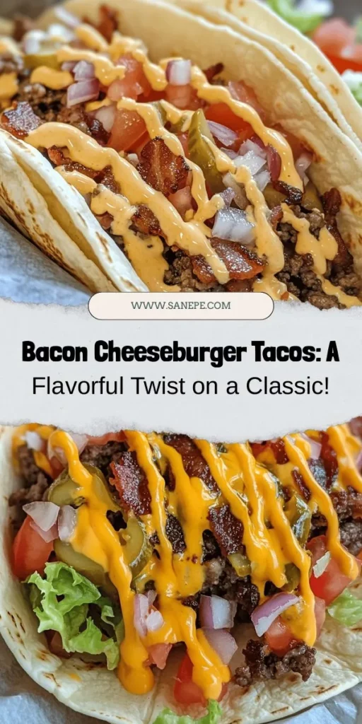 Get ready to spice up your mealtime with Sizzling Bacon Cheeseburger Tacos! This delicious fusion combines the juicy flavors of a classic bacon cheeseburger with the fun of handheld tacos, making it perfect for any occasion. With crispy bacon, melted cheese, and fresh veggies, these tacos are a unique twist that will excite your taste buds. Gather your friends and family for a flavorful feast everyone will love! #BaconCheeseburgerTacos #FusionCuisine #TacoTuesday #ComfortFood #RecipeIdeas #FoodieFun