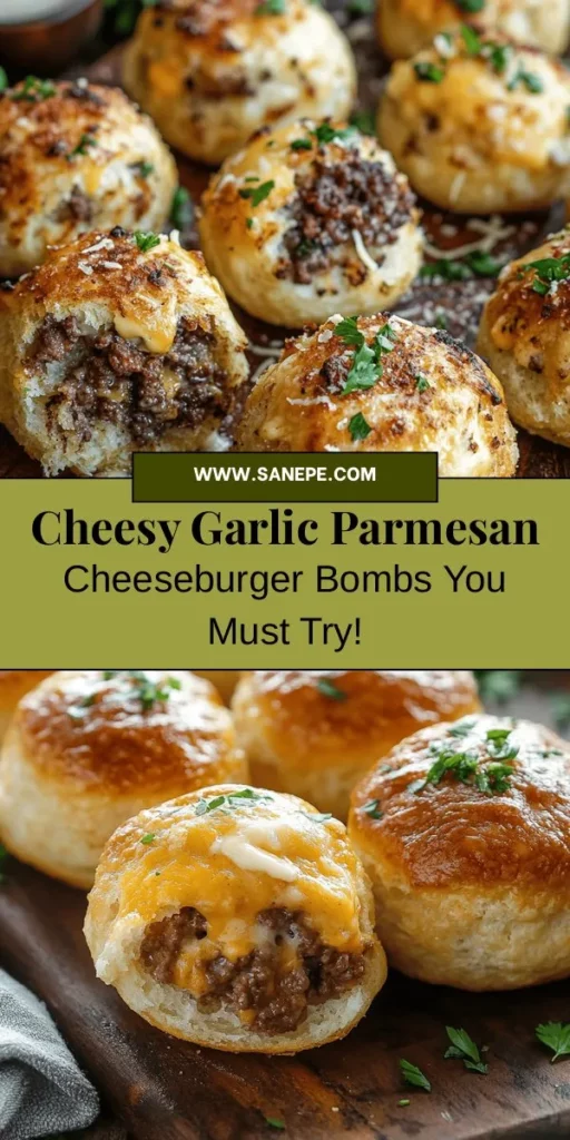 Indulge in the ultimate comfort food with these Garlic Parmesan Cheeseburger Bombs! These delectable bites combine juicy beef, gooey cheese, and aromatic garlic wrapped in flaky biscuit dough for a flavor explosion. Perfect for game nights, family dinners, or any occasion, they're easy to customize and a breeze to make. Serve with your favorite dipping sauces for the perfect snack! #CheeseburgerBombs #ComfortFood #GarlicParmesan #FoodieDelight #YummyEats #RecipeInspiration