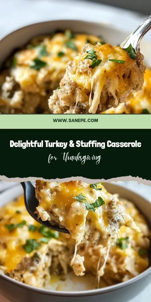 Elevate your Thanksgiving with this comforting Turkey & Stuffing Casserole! Perfect for using up leftover turkey, this dish combines tender turkey, hearty stuffing, and creamy vegetables, topped with gooey cheddar cheese. It's a warm, delicious meal that brings families together. Easy to make and great for gatherings, it's the perfect solution for holiday leftovers! Discover the magic of this classic dish and make your celebration unforgettable! #Thanksgiving #ThanksgivingRecipes #Casserole #Turkey #HolidayCooking #ComfortFood