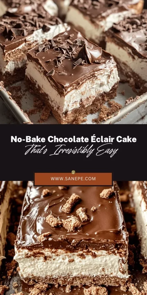 Indulge in the delightful experience of making a Heavenly No-Bake Chocolate Éclair Cake! This easy-to-assemble dessert combines layers of graham crackers, creamy vanilla pudding, and rich chocolate glaze for a treat that's both delicious and visually stunning. Perfect for warm days or busy schedules, this no-bake option is great for gatherings. Cool in the fridge and serve to impress your guests! #NoBake #ChocolateEclair #Dessert #EasyRecipes #SweetTreats