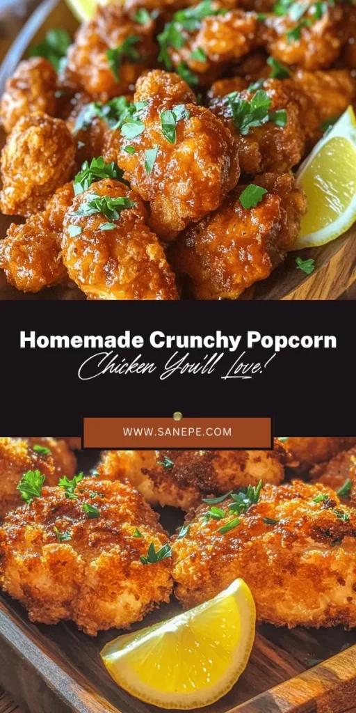 Discover the joy of making your own Crunchy Popcorn Chicken with this delightful recipe! Perfectly crispy on the outside and tender on the inside, this comfort food classic is great for family dinners or gatherings. With buttermilk marination and a flavorful mix of spices, you'll create a dish that's better than takeout. Serve it with your favorite dipping sauces for an unforgettable meal. #PopcornChicken #ComfortFood #Homemade #RecipeIdeas #CookingAtHome #DeliciousEats