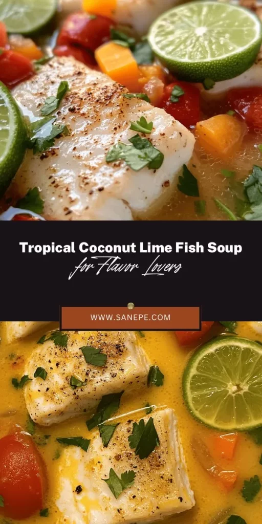 Take a tropical escape with Coconut Lime Fish Soup! This vibrant dish combines fresh fish, creamy coconut milk, zesty lime, and aromatic vegetables for a nutritious culinary experience. Perfect for any occasion, from casual lunches to elegant dinners, this soup is customizable to suit your taste. Discover how to prepare this delightful meal and enjoy its health benefits, all while savoring the flavors of the tropics. #CoconutLimeFishSoup #HealthyEating #TropicalFlavors #SoupRecipes #CulinaryAdventure #FreshIngredients