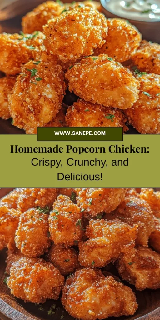 Discover the joy of making crispy, crunchy homemade popcorn chicken with this easy recipe. Perfect for parties or a family dinner, this bite-sized treat is customizable with your favorite spices and dipping sauces. Marinate chicken for maximum flavor, set up a neat breading station, and fry to golden perfection for a satisfying crunch. Enjoy your delicious creation with fresh sides and sauces for a complete meal! #PopcornChicken #HomemadeRecipes #ComfortFood #SnackIdeas #FamilyDinner