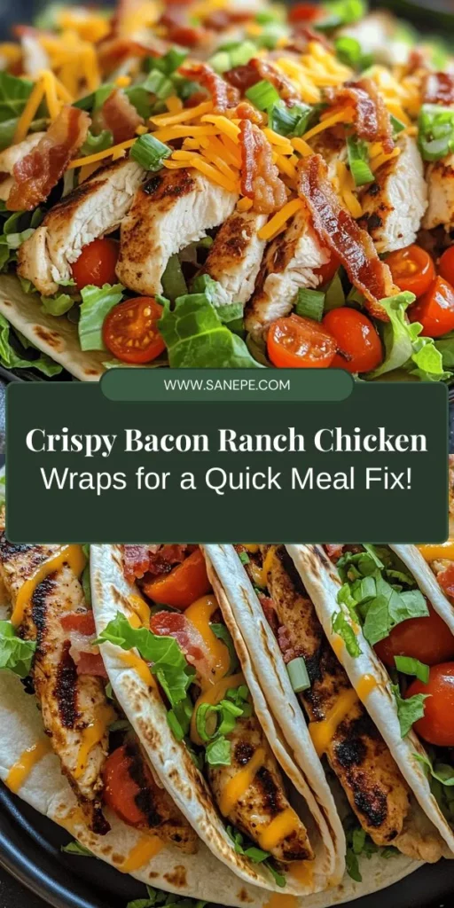 Looking for a quick and delicious meal? Try Crispy Bacon Ranch Chicken Wraps! These savory wraps combine tender chicken, crispy bacon, fresh veggies, and creamy ranch dressing all wrapped in a soft tortilla. Perfect for busy families or on-the-go lunches, they are customizable for any palate. Enjoy flavorful bites and the satisfaction of homemade goodness. Check out the full recipe and get inspired! #CrispyBaconRanchChickenWraps #EasyMeals #Wraps #MealPrep #ComfortFood #QuickRecipes