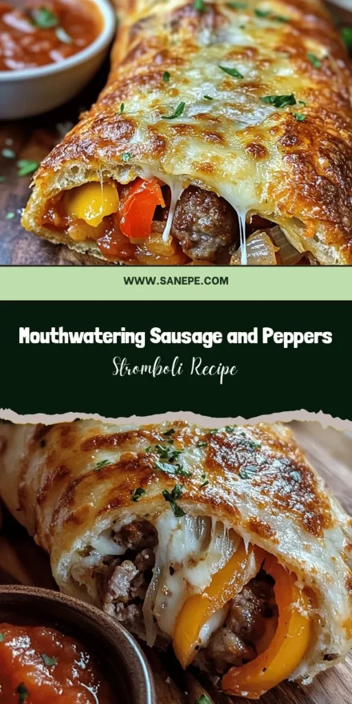 Discover the deliciousness of Sausage and Peppers Stromboli, a perfect blend of savory Italian sausage, sweet bell peppers, and gooey cheeses all wrapped in golden-brown pizza dough. Ideal for family dinners, gatherings, or game days, this Italian-American classic is easy to customize. Explore various fillings and enjoy a taste of Italy. Try this comforting dish today! #SausageAndPeppers #Stromboli #ItalianCuisine #ComfortFood #HomemadeDeliciousness #FamilyDinner