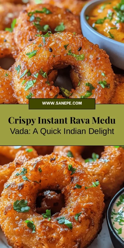 Dive into the delicious world of Crispy Instant Rava Medu Vada, a popular South Indian snack! Made with semolina, yogurt, and aromatic spices, these fritters are quick to prepare and guaranteed to impress. Perfectly crispy on the outside and fluffy inside, they pair wonderfully with coconut chutney and sambar. Whether for breakfast or a festive gathering, these vadas are a must-try. Elevate your culinary skills today! #RavaMeduVada #IndianCuisine #SnackTime #Foodie #CookingAtHome #EasyRecipes #CrispyVada