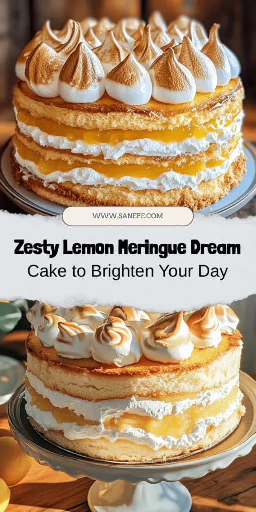 Discover the vibrant flavors of the Zesty Lemon Meringue Dream Cake! This delicious dessert is a delightful combination of light and fluffy cake, refreshing lemon curd, and airy meringue, creating a perfect balance of textures and tastes. Ideal for celebrations or a sunny afternoon treat, this cake is sure to impress your guests. Dive into this baking adventure and create sweet memories! #LemonMeringueCake #Baking #Dessert #HomemadeTreats #CulinaryAdventure #CakeInspiration