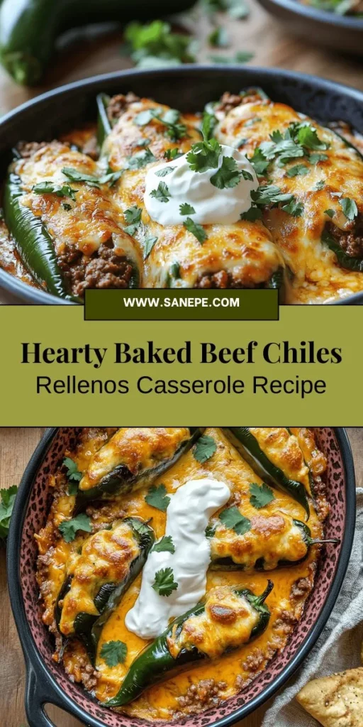 Discover the deliciously comforting Baked Beef Chiles Rellenos Casserole! This vibrant dish combines roasted poblano peppers, seasoned ground beef, and a blend of melted cheeses, making it perfect for family gatherings or busy weeknights. A healthier twist on the classic chiles rellenos, this casserole is easy to prepare and can be made in advance for quick meals. Try it today and bring a taste of Mexico to your table! #ChilesRellenos #Casserole #MexicanFood #ComfortFood #Recipes #MealPrep #DinnerIdeas