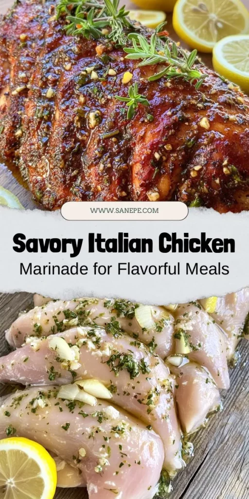 Elevate your meals with this delicious Italian Chicken Marinade! This simple yet flavorful blend of olive oil, red wine vinegar, fresh lemon juice, and aromatic herbs transforms ordinary chicken into a succulent dish bursting with authentic Mediterranean flair. Perfect for grilling, baking, or pan-searing, it's versatile enough for any occasion. Impress your loved ones with a meal that embodies the essence of Italian cuisine! #ItalianFood #ChickenMarinade #CookingTips #HealthyEating #Foodie