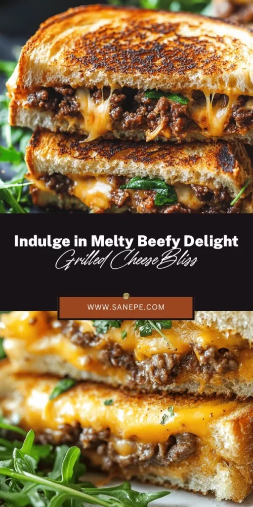 Elevate your sandwich game with the Melty Beefy Delight Grilled Cheese! This scrumptious twist on the classic features savory ground beef and a mix of rich cheeses, all nestled between thick, crispy sourdough. Perfect for lunch, dinner, or as a late-night snack, this indulgent delight is sure to impress friends and family. Discover the magic of flavors and textures that make this grilled cheese a true comfort food legend. #GrilledCheese #ComfortFood #Recipe #Yummy #CookingAtHome