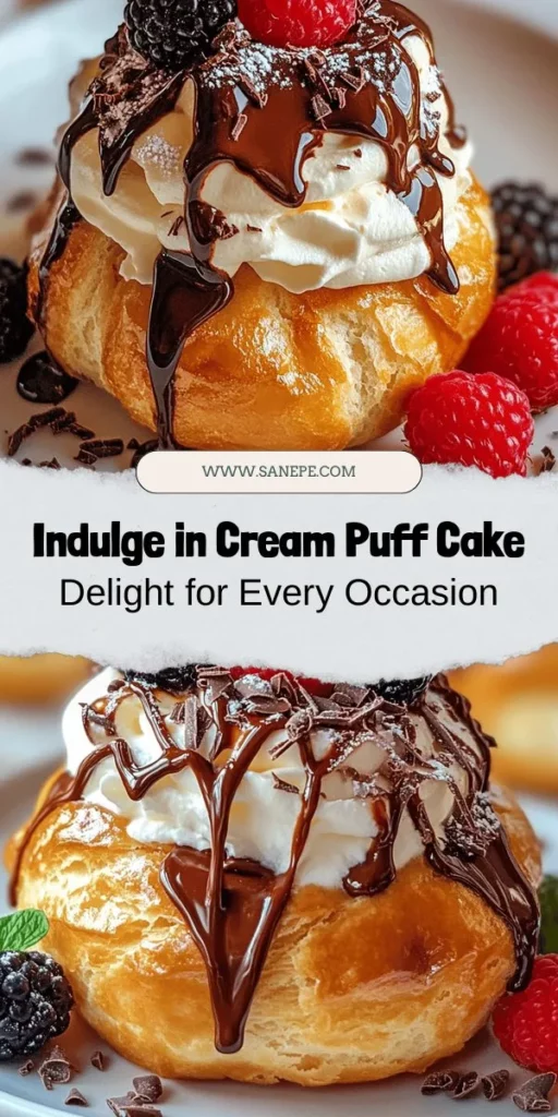 Elevate your dessert game with this Cream Puff Cake Delight recipe! This stunning dessert layers light, airy choux pastry filled with luscious whipped cream, all topped with decadent chocolate ganache. Perfect for any celebration or as a sweet treat at home, it's a feast for both the eyes and taste buds. Impress your guests and indulge in a delightful experience that combines elegance with comfort. Try it today! #CreamPuffCake #Dessert #Baking #SweetTreats #PartyDesserts #HomemadeDelight #ChocolateGanache