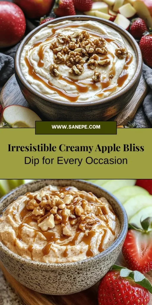 Indulge in the delightful Creamy Apple Bliss Dip - a versatile snack perfect for any occasion! With a luscious mix of cream cheese, fresh apples, caramel, and a dash of cinnamon, this dip promises to impress guests of all ages. It's ideal for gatherings, picnics, or cozy nights in. Easily customizable with dippers like pretzels or graham crackers, it’s the ultimate treat. Try it today! #CreamyAppleDip #SnackIdeas #DeliciousDesserts #PartyFood #EasyRecipes