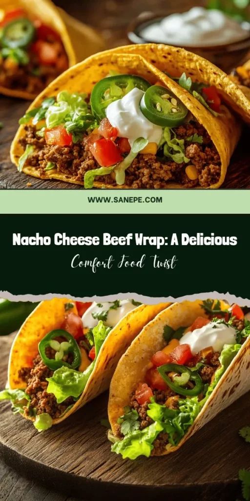 Discover the delicious fusion of comfort food with the Nacho Cheese Beef Wrap! This easy-to-make dish combines seasoned ground beef, gooey nacho cheese, and fresh veggies, all wrapped in a soft tortilla. Perfect for weeknight dinners or casual gatherings, customize each wrap to your liking—mild or spicy, extra cheesy or loaded with greens. Bring joy to your meals and enjoy this crowd-pleaser with family and friends! #NachoCheeseWrap #ComfortFood #EasyRecipes #Foodie #DinnerIdeas #FlavorFusion