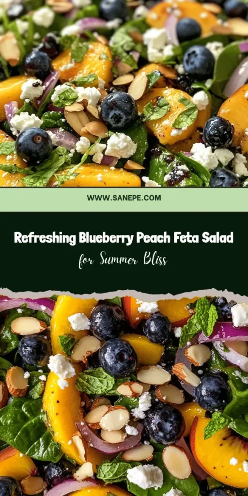 Looking for a refreshing summer salad? Try this Blueberry Peach Feta Salad! Bursting with juicy peaches, antioxidant-rich blueberries, and creamy feta, this dish combines sweet and savory flavors for a vibrant meal. Perfect for picnics, barbecues, or a light lunch, it’s not only delicious but also packed with nutrients. Get ready to impress your friends with this simple, satisfying recipe! #SummerSalad #HealthyEating #BlueberryPeachFeta #FreshIngredients #SaladRecipes