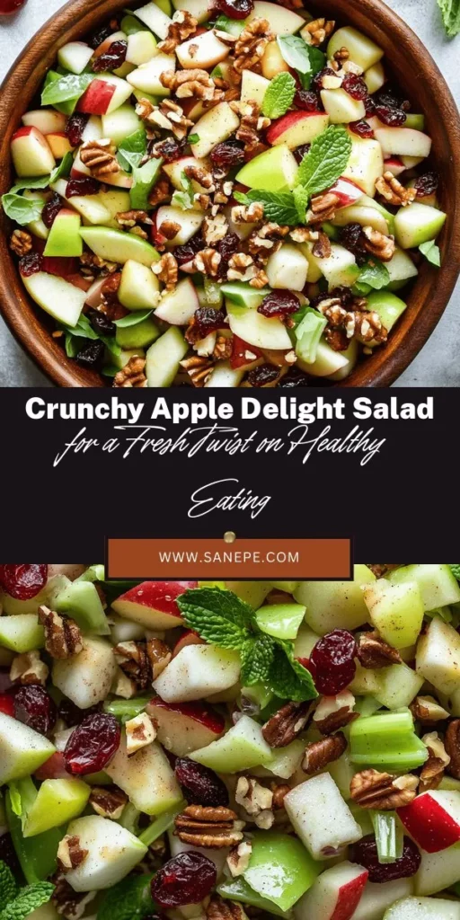 Discover the vibrant Crunchy Apple Delight Salad, a fresh and nutritious dish that combines crisp apples, juicy grapes, and crunchy nuts for a delightful mix of flavors and textures. Packed with vitamins and minerals, this salad can easily fit into various dietary lifestyles, making it perfect for any occasion. Try it as a side dish or a light main course and enjoy the health benefits of fresh ingredients. #HealthyEating #SaladRecipe #CrunchyAppleDelight #FreshIngredients