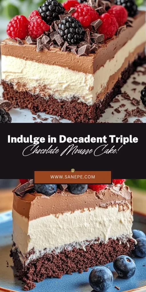 Indulge in the richness of chocolate with this Decadent Triple Chocolate Mousse Cake! This stunning dessert features three layers of luscious mousse—dark, milk, and white—resting on a moist chocolate cake base. Perfect for special occasions, this recipe is both a challenge and a delight for home bakers. Elevate your baking game and impress your guests with this showstopper! #ChocolateMousseCake #Baking #Desserts #ChocolateLovers #HomeBaking #Foodie #CakeRecipe