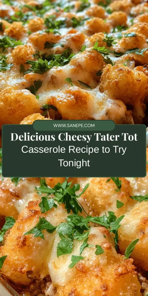 Looking for a comforting meal that brings a smile to everyone's face? Try this Cheesy Tater Tot Casserole! With layers of seasoned meat, creamy sauce, and crispy tater tots, this dish is a crowd-pleaser for family dinners, potlucks, or simply a cozy night in. It’s versatile and easy to customize, making it perfect for all taste preferences. Discover the joy of this nostalgic recipe! #TaterTotCasserole #ComfortFood #EasyRecipes #FamilyDinner #CasseroleLove #MealPrep