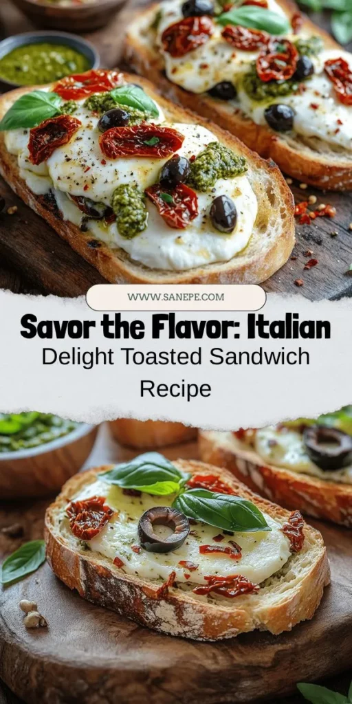 Indulge in the rich flavors of Italy with our Italian Delight Toasted Sandwich! This delicious recipe combines crispy sourdough bread, creamy mozzarella, sun-dried tomatoes, fresh basil, black olives, and a hint of pesto, all toasted to perfection. It's an easy and satisfying meal perfect for any occasion, showcasing the heart and soul of Italian cuisine. Join us in creating this culinary delight! #ItalianDelight #ToastedSandwich #ComfortFood #EasyRecipe #Foodie #ItalianCuisine