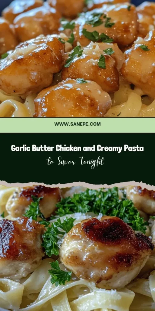 Indulge in the ultimate comfort food with Garlic Butter Chicken Bites and Creamy Parmesan Pasta! This dish features tender chicken sautéed in a rich garlic butter sauce, paired with creamy pasta and topped with fresh spinach for added nutrition. Perfect for weeknight dinners or special gatherings, it's easy to customize to your taste. Try this culinary delight and bring warmth to your dining table. #ComfortFood #PastaLovers #ChickenBites #CookingAtHome #DeliciousRecipes