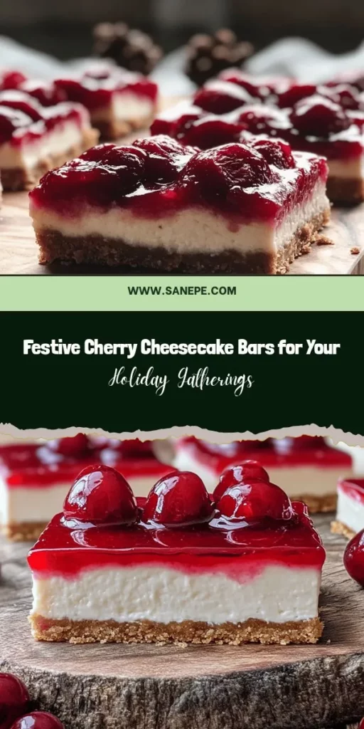 Add a festive touch to your gatherings this holiday season with delicious Cherry Cheesecake Bars! These easy-to-make treats feature a creamy cheesecake filling on a buttery graham cracker crust, topped with vibrant cherry pie filling. Perfect for parties, potlucks, or cozy nights at home, they are sure to impress your guests. Create sweet memories with every bite! Try this delightful recipe and spread the holiday cheer! #CherryCheesecakeBars #HolidayDesserts #FestiveBaking #YummyTreats