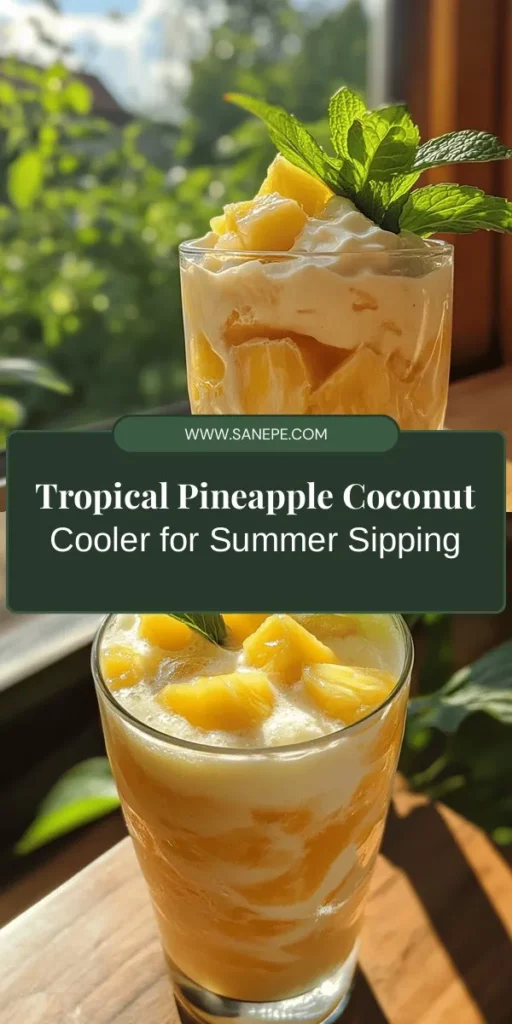 Escape to paradise with the Tropical Escape Pineapple Coconut Cooler! This vibrant drink blends fresh pineapple, coconut water, creamy coconut milk, and a hint of lime for a refreshing summer treat. Packed with vitamins and hydration, it’s perfect for hot days or backyard barbecues. Elevate your experience with a touch of ginger and mint for an extra burst of flavor. Enjoy this guilt-free indulgence! #TropicalDrink #PineappleCoconut #SummerRefreshments #HealthyRecipes #DrinkUp