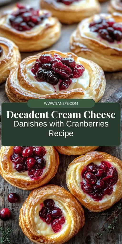 Indulge in the delightful experience of baking Cream Cheese Danishes with Sugared Cranberries and a luscious Butter Glaze. This easy-to-follow recipe combines flaky, buttery dough with rich cream cheese filling, tart cranberries, and a sweet glaze, creating a perfect treat for brunch or special occasions. Impress your family and friends with these homemade pastries that are sure to elevate any gathering. #Baking #Pastries #DanishRecipe #HomemadeTreats #CranberryDelight #BrunchIdeas