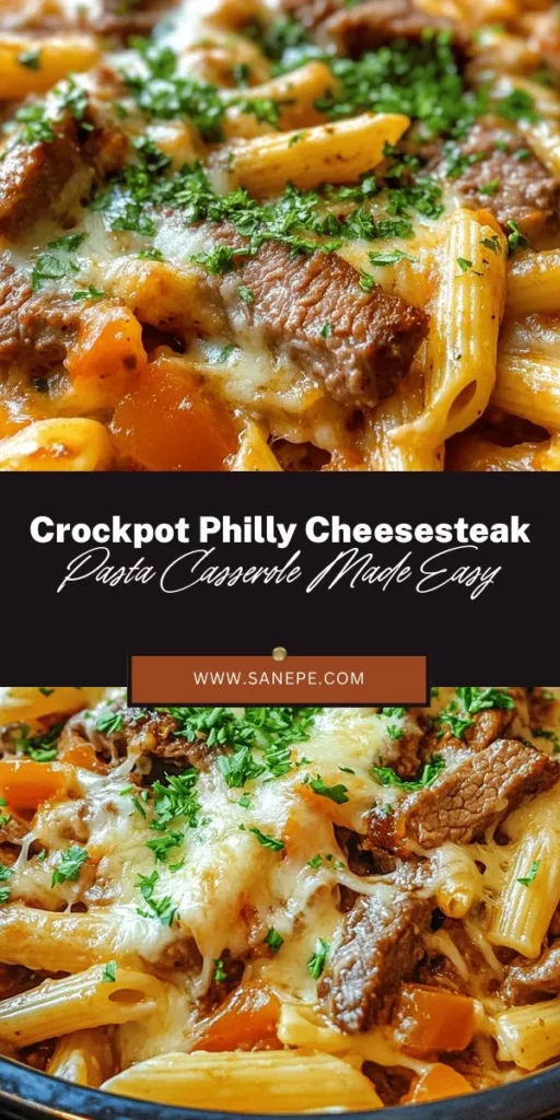 Savor the delicious layers of the Crockpot Philly Cheesesteak Pasta Casserole—a perfect blend of tender flank steak, colorful veggies, creamy cheese, and pasta all cooked to perfection in your slow cooker. It's ideal for busy nights or special gatherings, filling your home with mouthwatering aromas. Experience comfort food at its best with minimal cleanup! Try this easy recipe today! #CrockpotRecipes #ComfortFood #PhillyCheesesteak #PastaCasserole #SlowCooking #EasyDinner #FamilyMeals