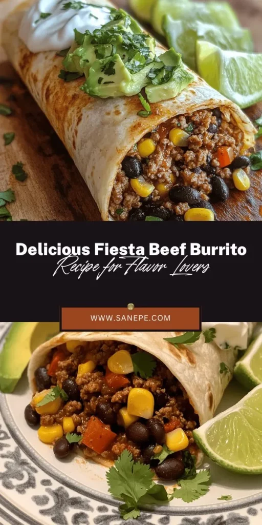 Discover the vibrant flavors of a Flavorful Fiesta Beef Burrito! Packed with savory ground beef, aromatic veggies, hearty black beans, and topped with delicious cheese and salsa, this recipe is the perfect blend of taste and nutrition. Customize it with your favorite ingredients for a unique twist every time. Whether it's for a family dinner or a festive gathering, these burritos are sure to impress! #BeefBurrito #MexicanFood #RecipeIdeas #Foodie #CookingAtHome #FiestaFlavors