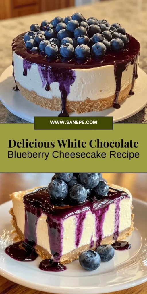 Discover the delightful fusion of flavors in this White Chocolate Blueberry Cheesecake! With a creamy texture and a burst of fresh blueberries, this dessert is perfect for any occasion, from birthdays to quiet evenings at home. Made with high-quality ingredients like cream cheese, white chocolate, and fresh blueberries, it promises to be a crowd-pleaser. Indulge in a slice of this luxurious treat! #Cheesecake #DessertRecipe #Baking #SweetTreats #Blueberries #WhiteChocolate