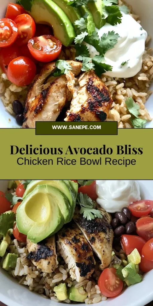 Elevate your meal game with the Avocado Bliss Chicken Rice Bowl! This delicious recipe combines hearty brown rice, marinated chicken thighs, and creamy avocado, creating a colorful and nutritious dish that's perfect for any occasion. Packed with protein, healthy fats, and vibrant veggies, it’s a satisfying option that doesn’t compromise on flavor. Try it today and indulge in wholesome goodness! #ChickenRiceBowl #HealthyEating #RecipeIdeas #Foodie #AvocadoLovers #MealPrep