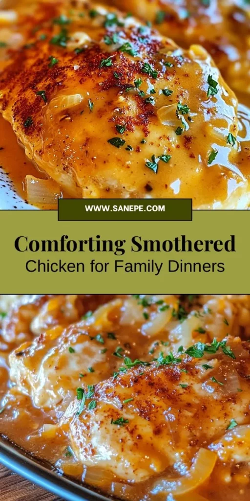 Discover the heartwarming flavors of Savory Smothered Chicken Delight, a perfect comfort dish for any occasion. With tender chicken enveloped in a creamy, tangy sauce enriched with smoked paprika and Dijon mustard, every bite feels like a warm hug. Easy to prepare, this recipe is ideal for family dinners or gatherings. Pair it with creamy mashed potatoes or fluffy rice for a delicious meal! #SavoryChicken #ComfortFood #FamilyDinner #RecipeIdeas #YummyMeals #CookWithLove