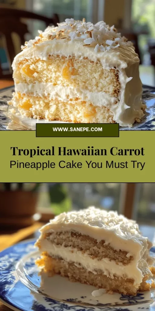 Indulge in a slice of paradise with this Hawaiian Carrot Pineapple Cake! This tropical treat combines the sweetness of pineapple, the earthiness of carrots, and a hint of coconut for a lush flavor experience. Perfect for any occasion, its vibrant colors and creamy cream cheese frosting will wow your guests. Bring some island vibes to your dessert table with this moist, delicious cake. Try this recipe today and enjoy the taste of the tropics! #HawaiianCake #TropicalDessert #CarrotCake #PineappleCake #BakingJoy #DeliciousDesserts