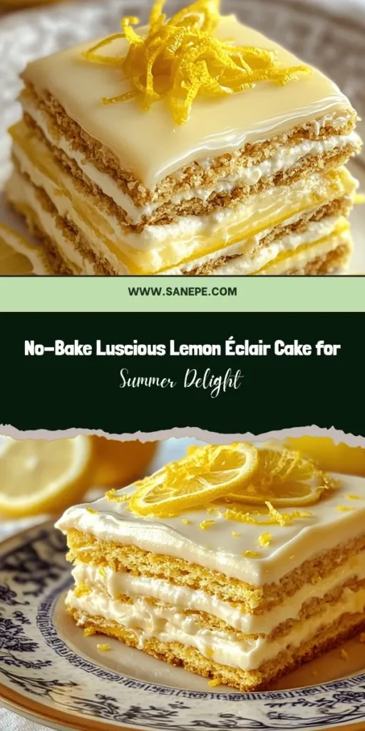 Indulge in the refreshing delight of Luscious Lemon Éclair Cake, a no-bake dessert that's perfect for warm weather. Layers of graham crackers, zesty lemon pudding, and a creamy filling come together for a stunning presentation and a burst of citrus flavor. Ideal for any gathering, this cake is easy to make and sure to impress! Discover this delicious recipe today and elevate your dessert game! #LemonÉclairCake #NoBakeDesserts #CitrusDesserts #RecipeIdeas #SummerTreats