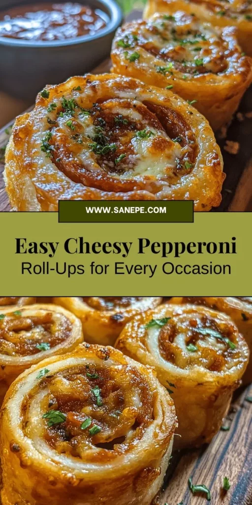 Discover the perfect snack with these easy Cheesy Pepperoni Roll-Ups! Combining gooey mozzarella, zesty pepperoni, and creamy goodness, they make a fantastic addition to game day, parties, or cozy nights in. With simple ingredients and customizable options, this recipe is a breeze to follow. Dip them in marinara for extra flavor and watch everyone come back for more! Try them and delight your taste buds! #SnackTime #FingerFood #Recipe #EasyCooking #DeliciousEats #CheesyRollUps #PartyFood