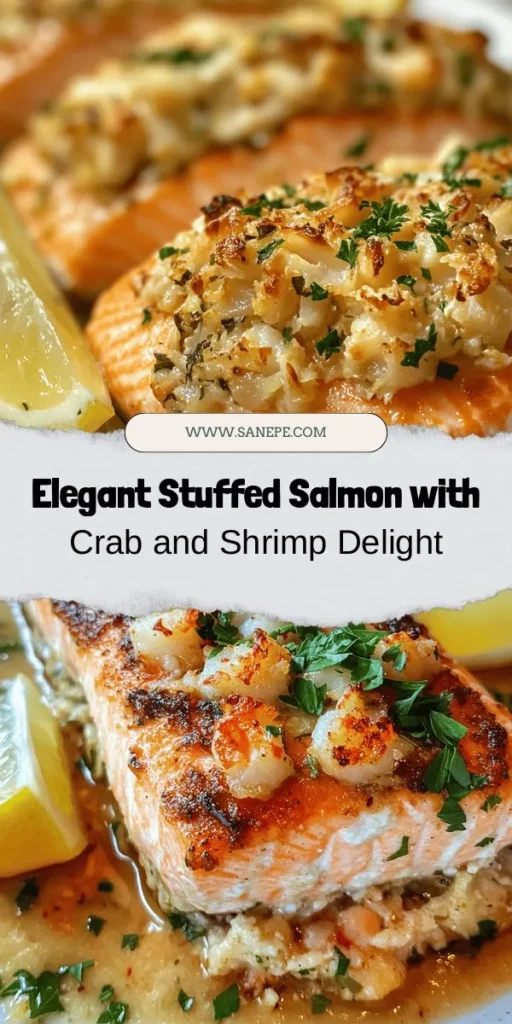 Elevate your dinner parties with this Elegant Crab and Shrimp Stuffed Salmon recipe! This stunning dish combines fresh salmon fillets with a rich and savory stuffing made from succulent crab meat and tender shrimp. Not only is it a feast for the senses, but it's also loaded with health benefits, thanks to omega-3 fatty acids and lean proteins. Perfect for special occasions, your guests will be impressed! #StuffedSalmon #SeafoodLovers #HealthyEating #GourmetCooking #ImpressYourGuests #DinnerPartyIdeas #RecipeIdeas #CookingAtHome