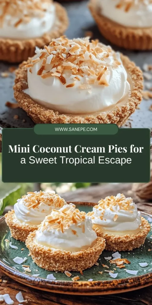 Indulge in the tropical sweetness of mini coconut cream pies! These bite-sized delights feature a crunchy graham cracker crust, rich coconut filling, and fluffy whipped topping, making them perfect for any occasion. Easy to make and gorgeous on display, these mini treats are ideal for sharing at parties or enjoying at home. Discover the perfect balance of flavors and impress your guests with this delightful dessert! #CoconutCreamPie #MiniDesserts #TropicalTreats #Baking #DessertIdeas