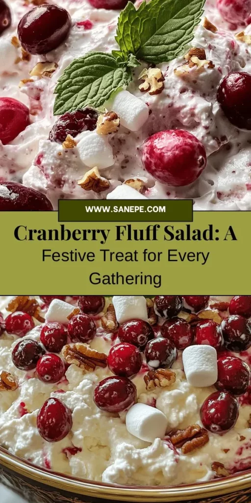 Experience the perfect blend of tart and sweet with Cranberry Fluff Dessert Salad, a delightful dish that shines at any gathering! This easy-to-make recipe combines fresh or frozen cranberries, creamy ingredients, and optional extras like mini marshmallows and nuts. It's visually stunning and delicious, making it an ideal addition to holiday feasts or summer picnics. Chill for maximum flavor and enjoy this refreshing treat! #CranberryFluff #DessertSalad #HolidayRecipes #EasyRecipes #PartyFood #Foodie